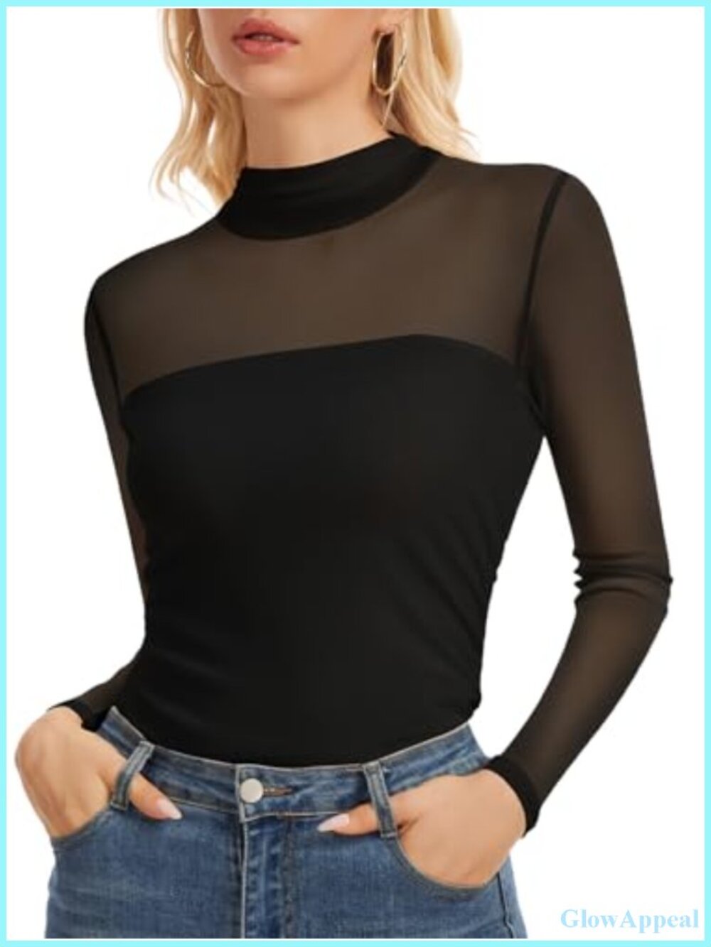 Sheer Mesh Long Sleeve Mock Neck Ruched Slim Fit Blouse